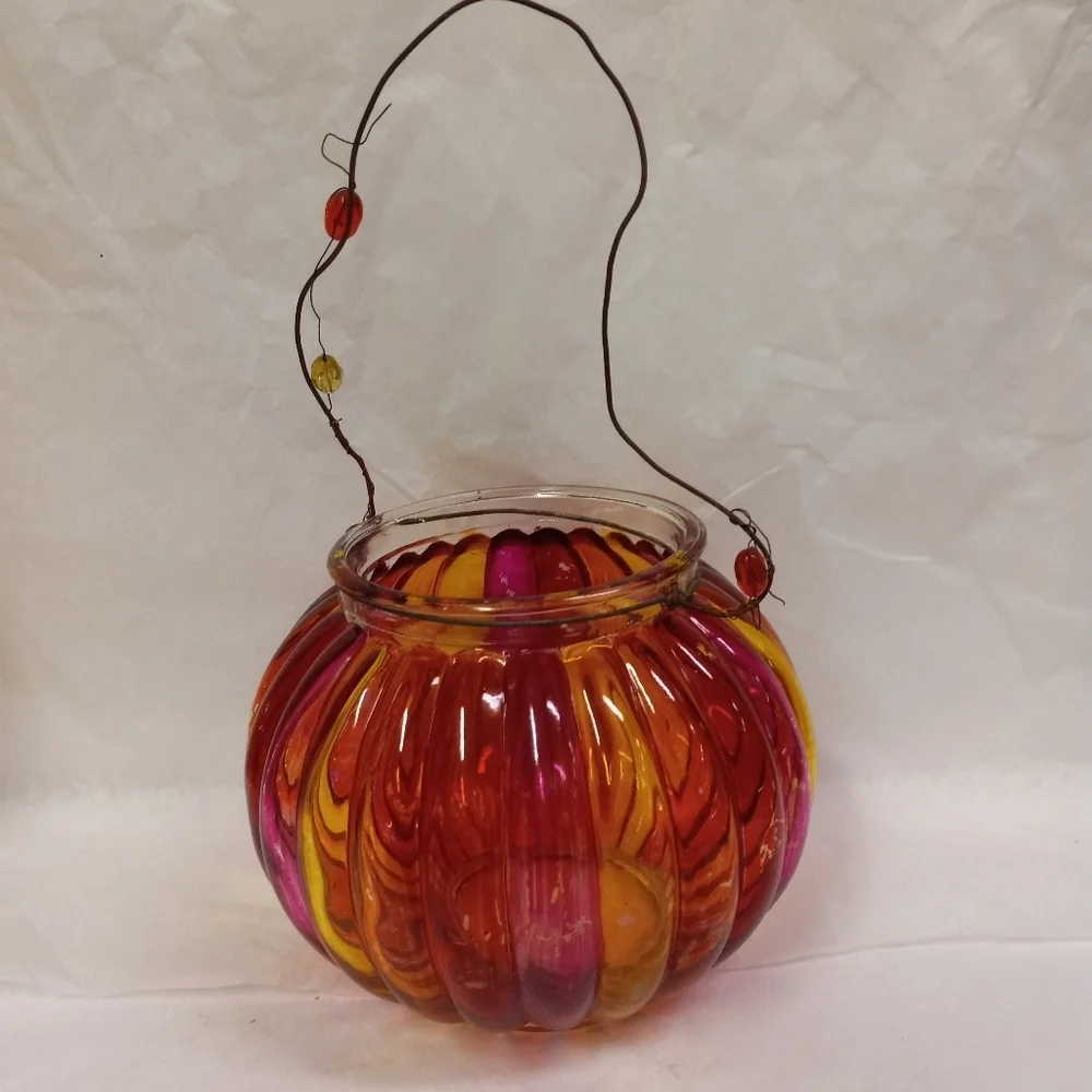 2- Vintage Wire Hanging Candle Holder  Lanterns Orange & Pink Round Ribbed Glass